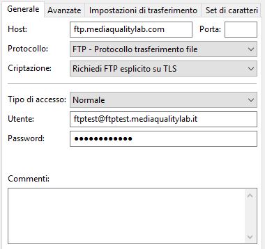 configurazione spazio ftp filezilla